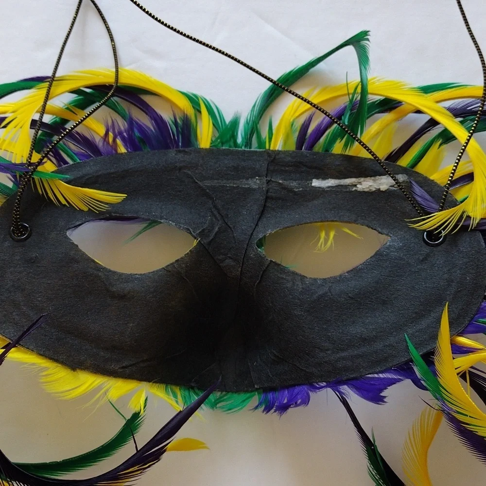 Mardi Grass Mask Purple‎ Yellow Green with Feathers and Adjustable Elastic